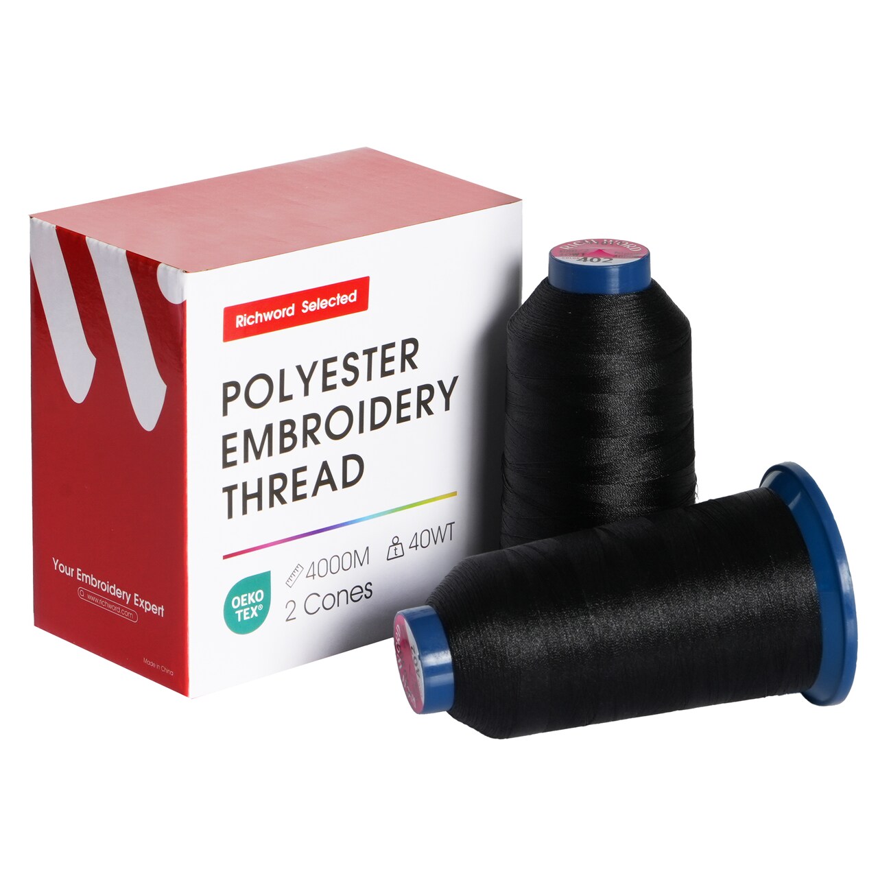 Richword Selected Embroidery Thread, 2 Rolls per Pack, 4000M (4374Y) 40WT Polyester Thread, White, Black, Red & Combo, Huge Spool for All Embroidery Machines